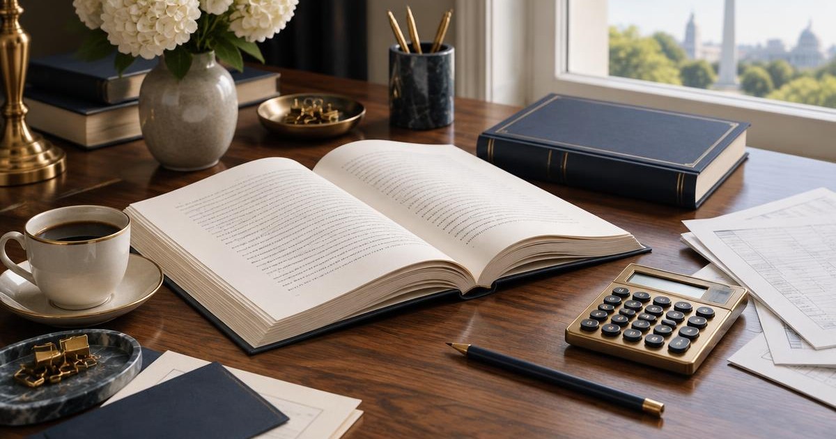 An open manuscript, calculator and publishing papers on an elegant Washington, DC desk