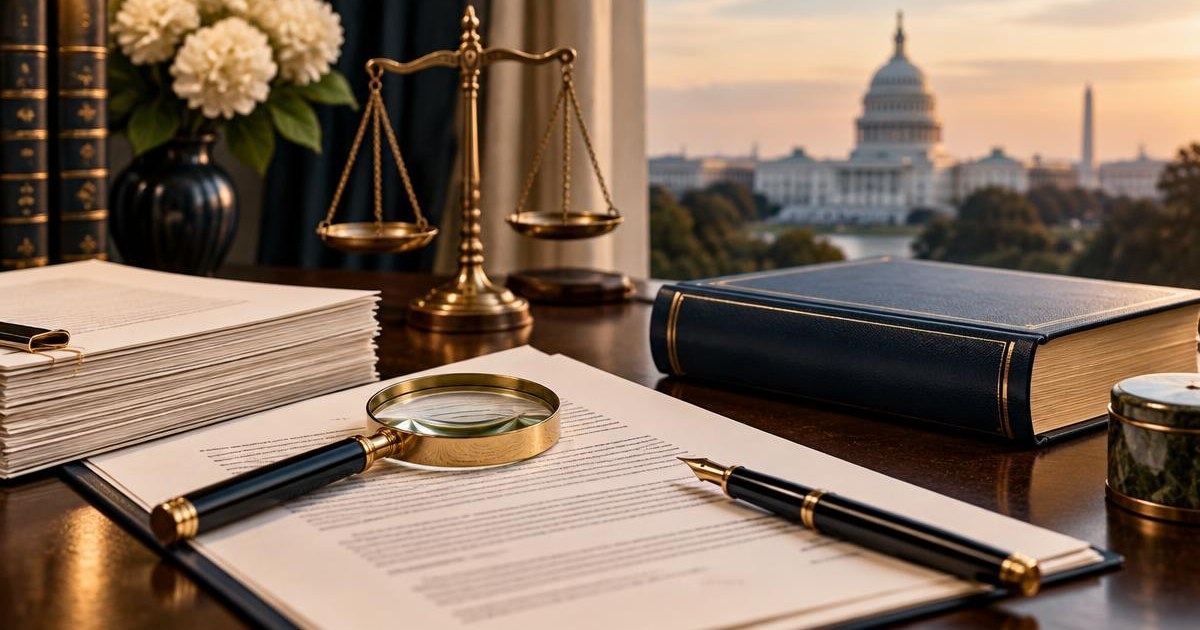 A publishing agreement, magnifying glass and finished book with the US Capitol beyond
