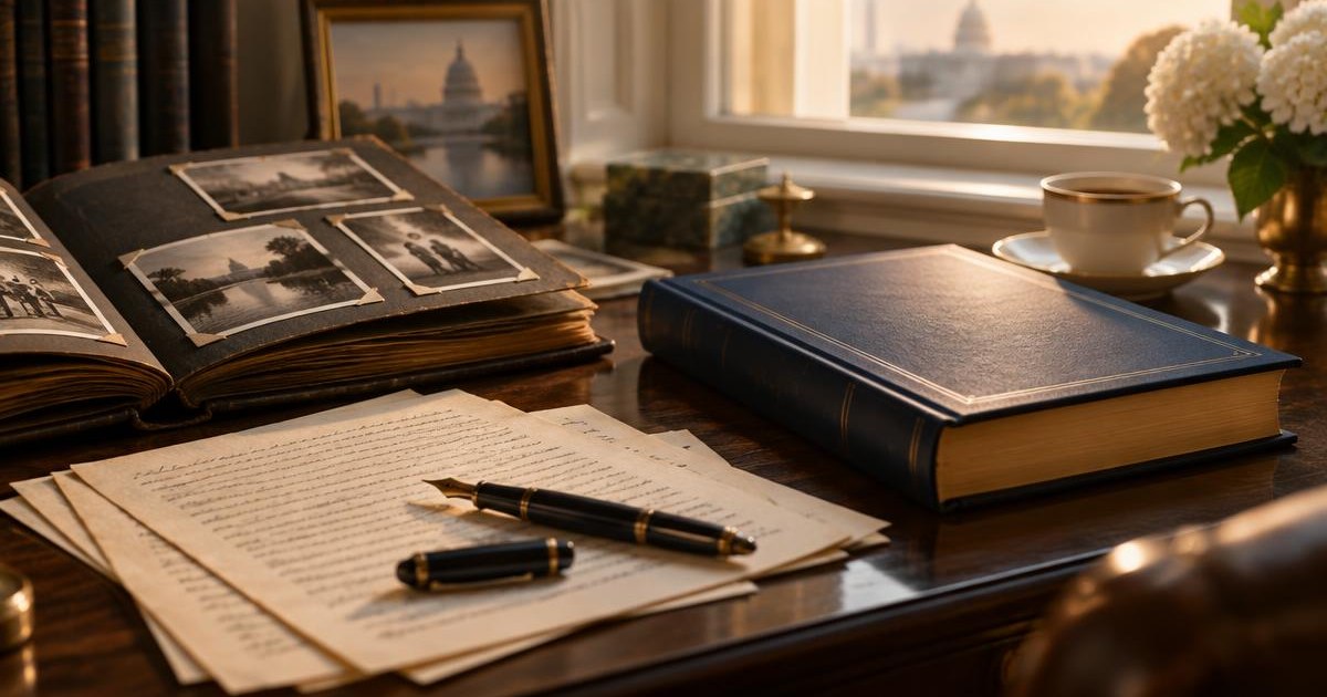 A family photograph album, handwritten pages and a finished memoir on a writer's desk