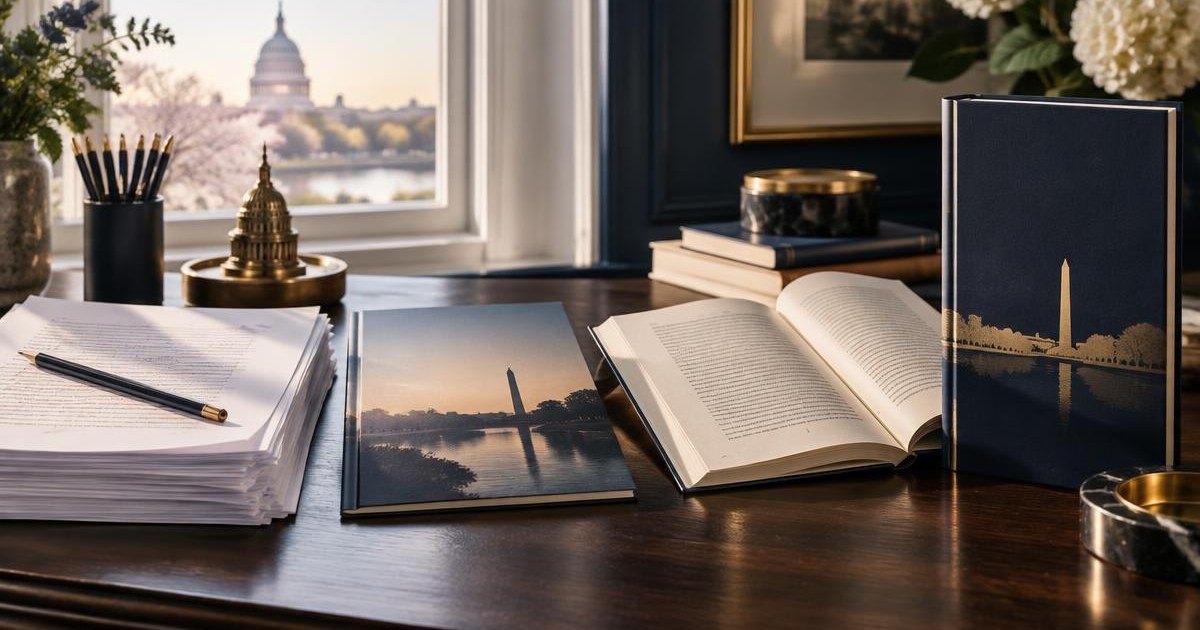 A manuscript, edited pages and finished books arranged in a Washington, DC publishing studio