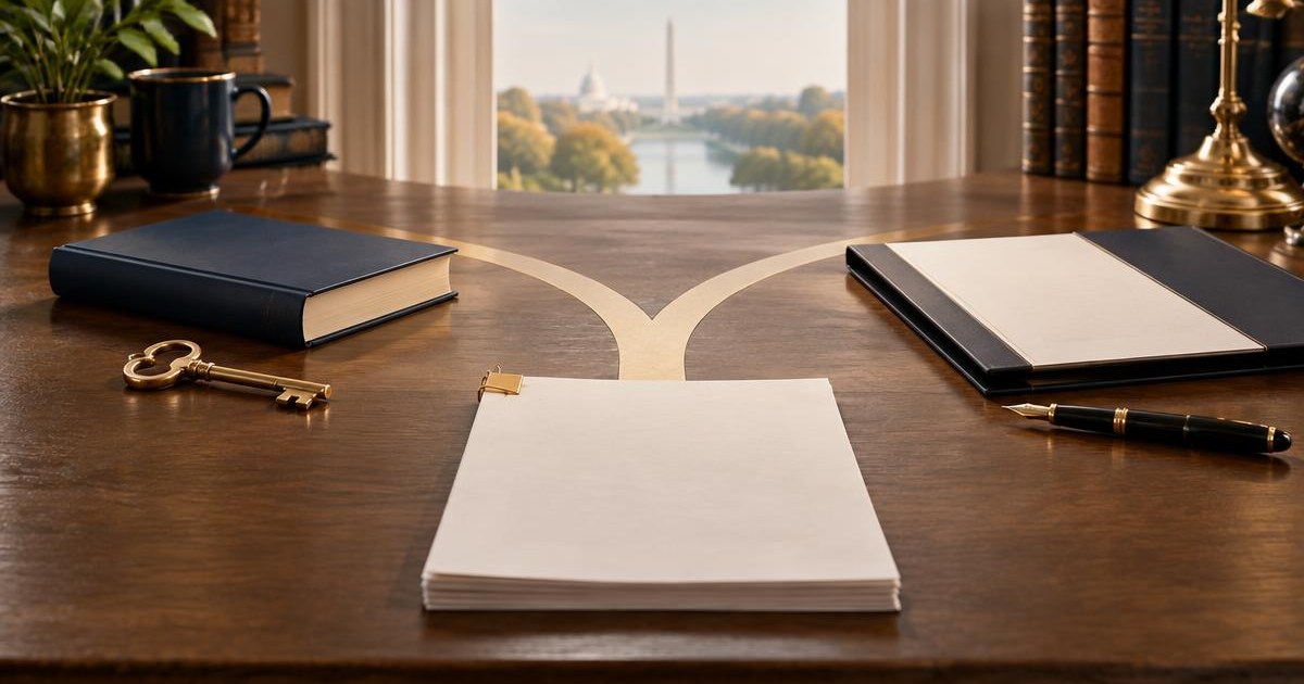 A manuscript at a fork between two publishing paths on a refined desk
